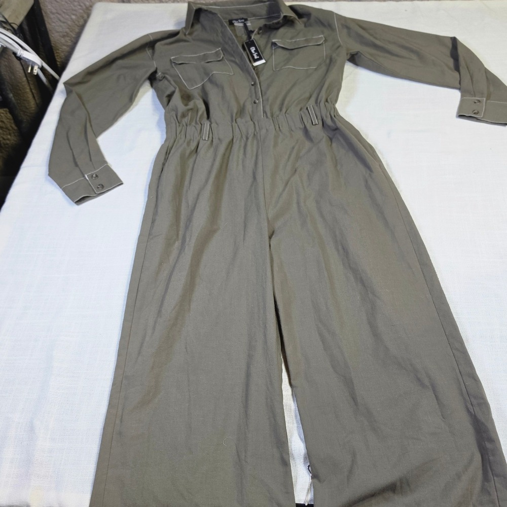 Olive Scent Utility Jumpsuit Army Green White Stitching Wide Leg Medium NWT